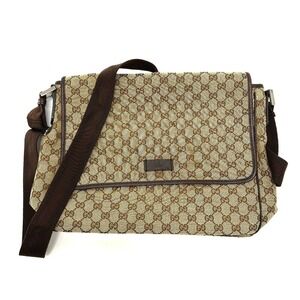 GUCCI 233052 Logo Leather Plate Crossbody Messenger Bag Handbag Shoulder GG C...